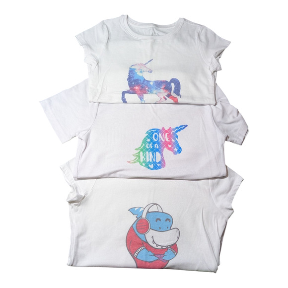 Set Of 3 Girls Shirts-Unicorns and Shark -Sz 6x Colorful Graphics Well Cared For - Picture 1 of 12